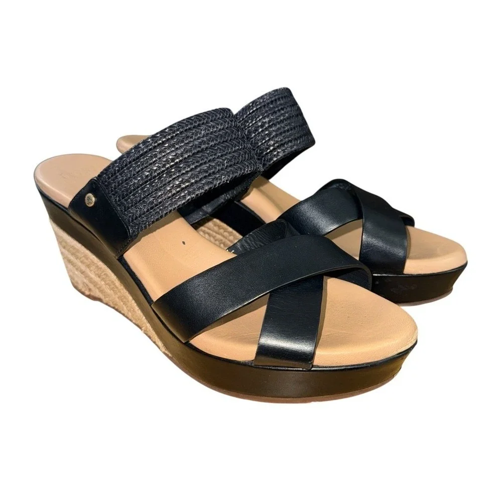 UGG Adriana Wedge Sandals Womens 8.5 Espadrille Slide Black Leather Braided Logo
